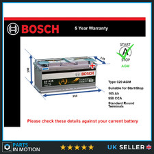 AGM Car Battery S5A15 Bosch 020 AGM 950A 105Ah 5Yr WTY 394x175x190 Start Stop