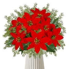 Christmas Bouquet Potted Artificial Poinsettias with Greenery Flower Stem 12