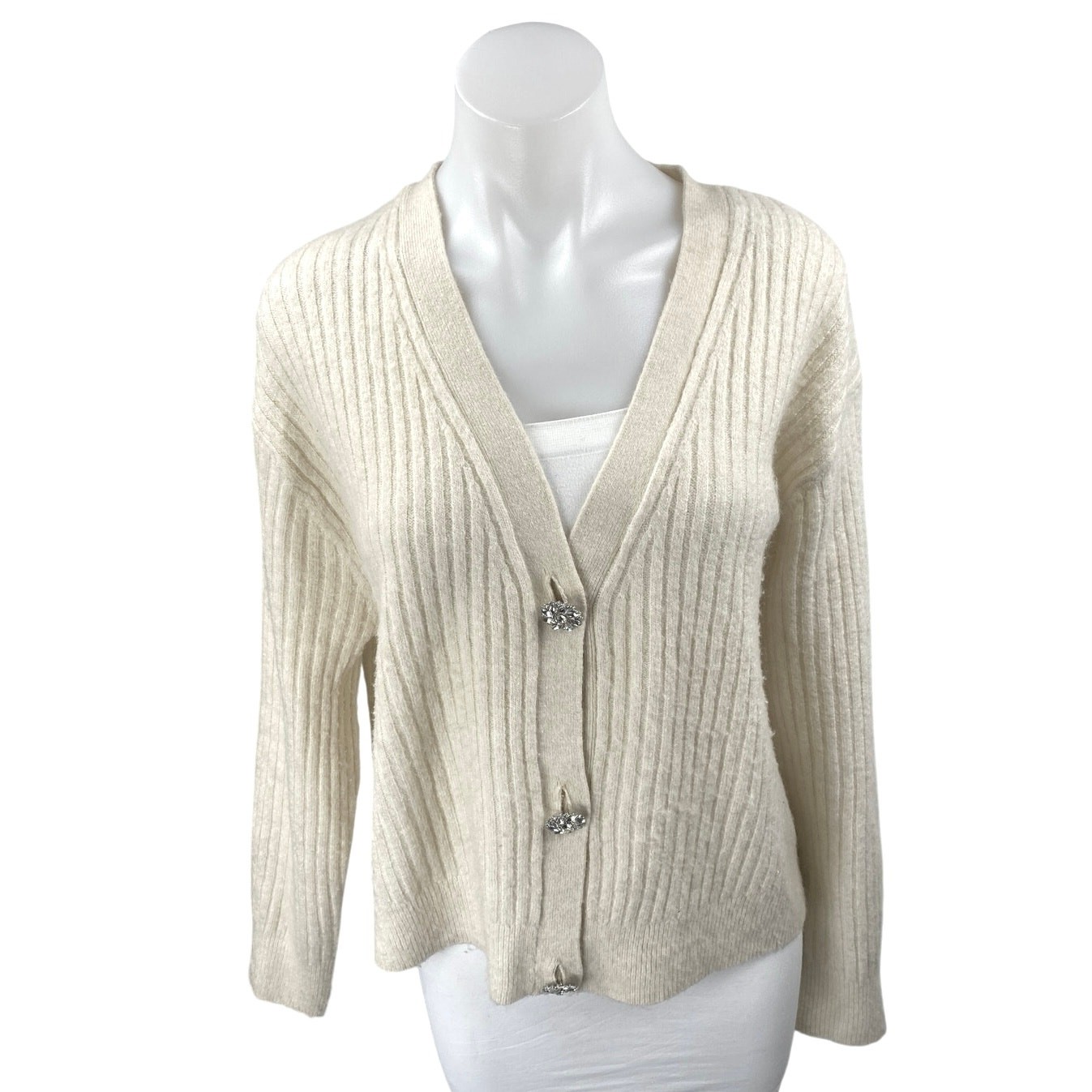 H&M Women's Cream White Wool Rib Knit Button Long Sleeve Cardigan Sweater Sz XL