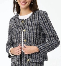 J. Crew Lady Navy Tweed Blazer Jacket With Gold Embossed Buttons Size 8