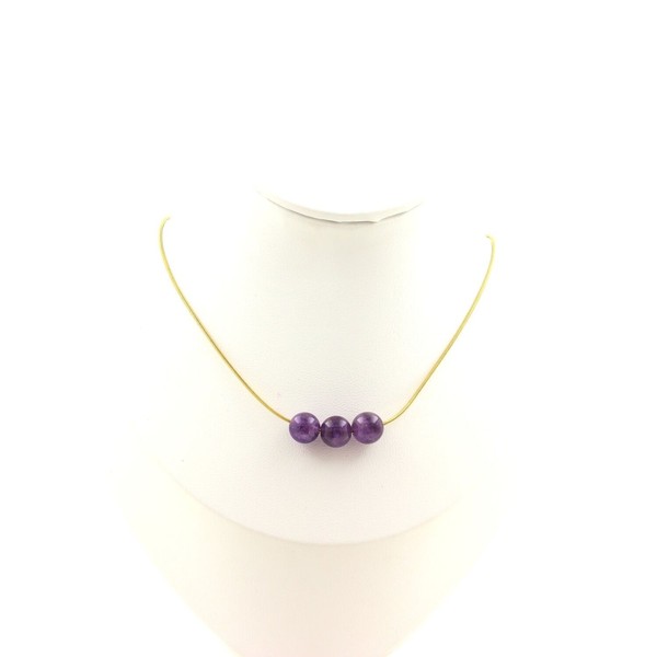 Halskette 3 Amethyst Perlen 8 Mm. Kette Aus Edelstahl Vergoldet Halskette Frauen-image