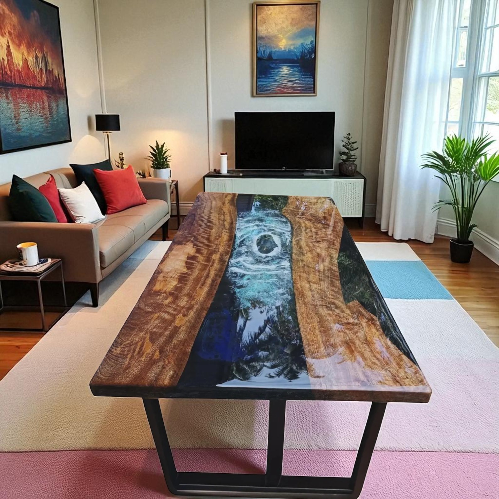 48x30 Ocean Wave Resin Epoxy Wood Dining Table Top Kitchen Slab Modern Deco Furniture-image