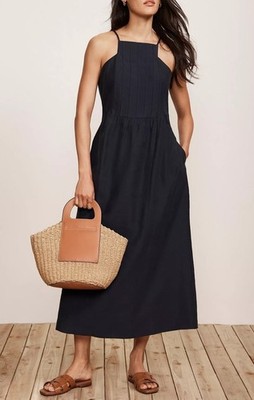 Mint Velvet High Neck Pleat Detail Sleeveless Midi Dress Navy Size Medium