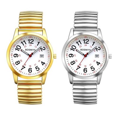 Mens 24hr Easy To Read Large Date Dial Elastic Stainless Steel Band Wrist Watch