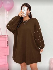 SHEIN Curve Womens Long Sleeve Brown Dress With Pearls Loose Fit Size 4XL (#002)