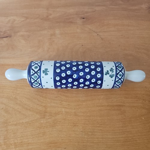 Bolslawiec Polish Pottery 13" Rolling Pin Cobalt Blue with Clovers Hand Painted