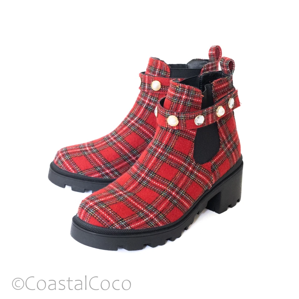 Botines Sugar Favorite a Cuadros Rojo Tartán 7.5 Vacaciones Navidad Invierno Acogedores Foto 2 de 4