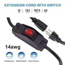 3 Prong Extension Cord with On/Off Switch Waterproof 15A Heavy Duty Power new