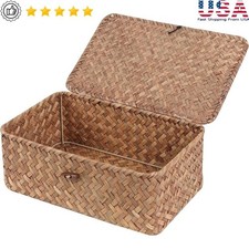 Handwoven Seagrass Storage Baskets W/ Lid Dustproof Organizer Multiple Sizes New