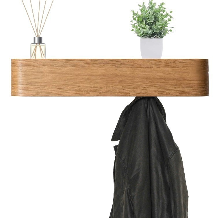 Wall Mounted Coat Rack 5 Hidden Hooks Top Shelf Clothes Key Hanger Oak Veneer