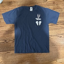 Warner Bros Studio Vintage Bugs Bunny Embroidered Blue Pocket TShirt Size S
