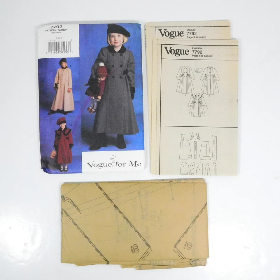 Vogue 7792 Children Coat Hat Pattern Size 4-6 Uncut Double Breasted Capelet - Image 2 of 4
