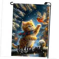 Cat Garden Flag 12x18 Double Sided, Burlap Holiday Snow Garden Flags Winter