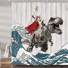 Funny Cat Shower Curtain Riding Hilarious Dinosaur Surfing Cool Japan Anime S...