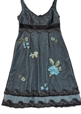 Vintage Teal Black Y2K Embroidered Silk Dress 10 Glam Fairy Dark Whimsigoth Bead
