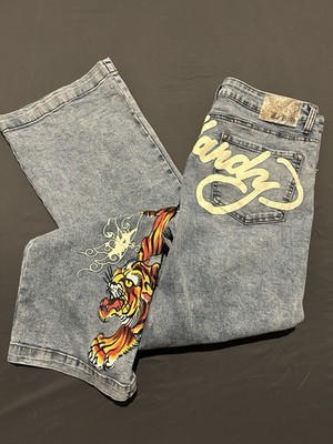 Ed Hardy Jeans Mens 32x31 Blue Crawling Tiger Wide Leg Baggy Retro Skater