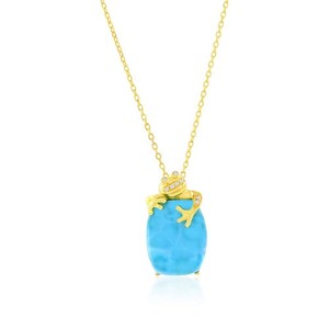 Authentic Sterling Silver, Oval Larimar & CZ Frog Necklace - Gold Plated