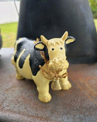 Rustic Cow Figurine Bell Resin Farmhouse Decor Black White Folk Art 6''