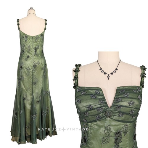 Vintage Scala Prom Dress Maxi Gown Xl Green Silk Y2K Fairy Bead Whimsical Forest - Picture 2 of 16