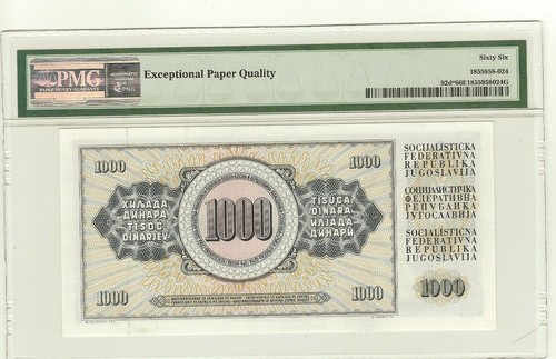 PMG YUGOSLAVIA 1000 DINARA REPLACEMENT Pick# 92d* Gem Uncirculated 66 EPQ 66EPQ - Picture 2 of 6