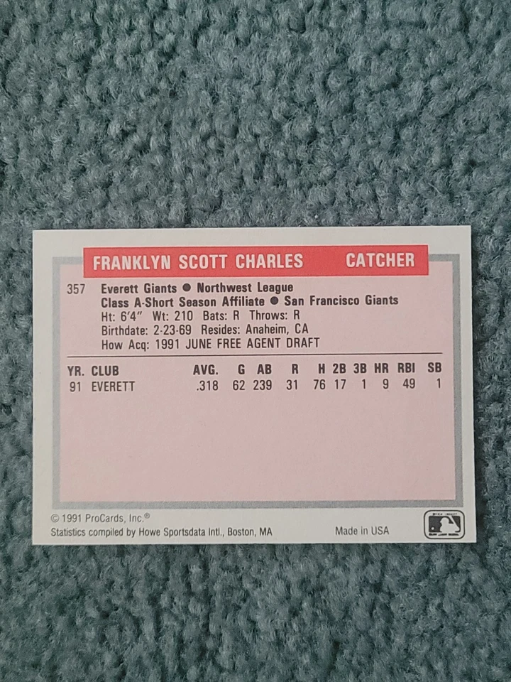 1991 Pro Cards Frank Charles Minor League Card #357 - Image 4 of 4