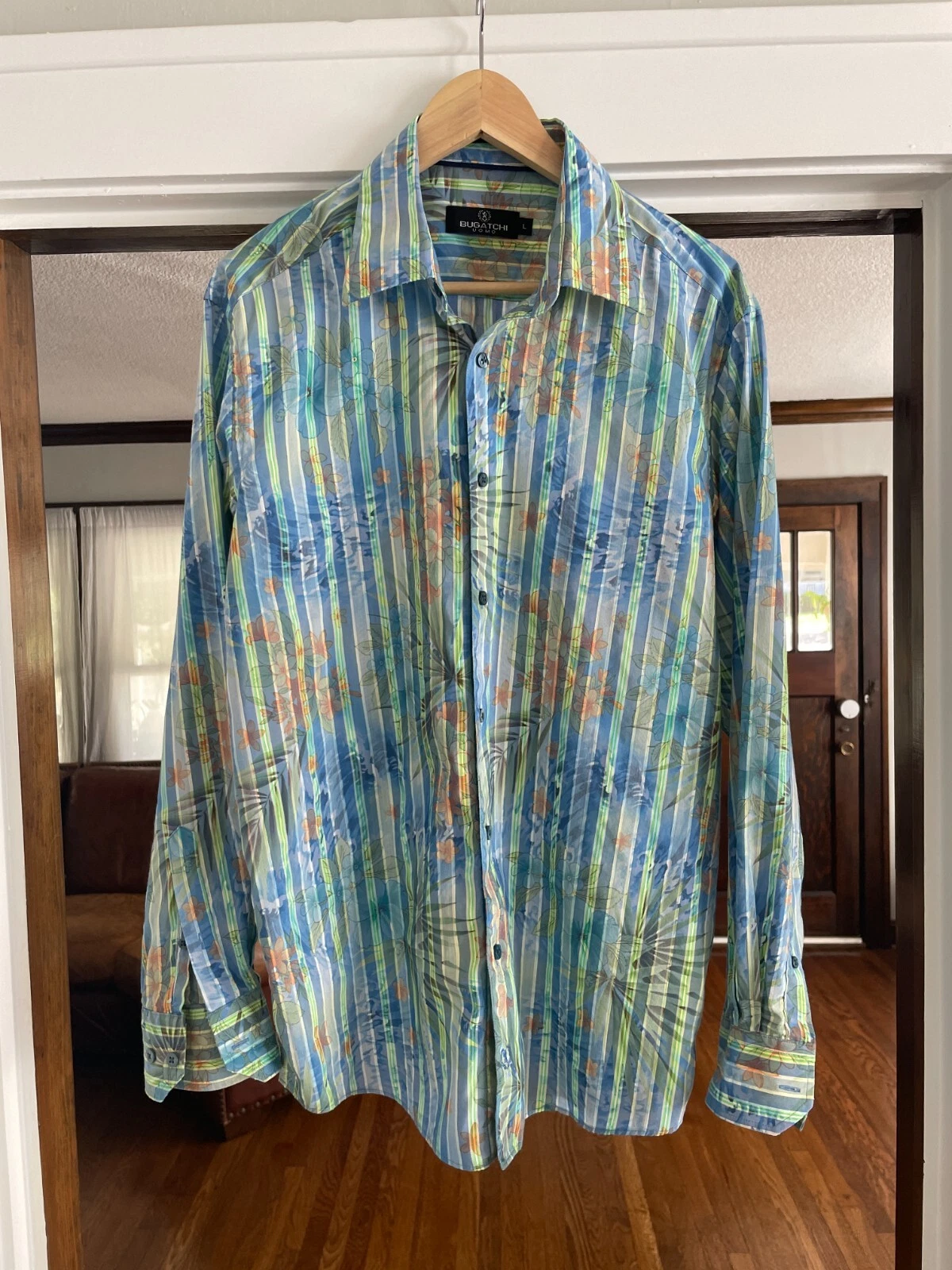 Bugatchi Shirt Mens Blue L Button Up Long Sleeve Vivid Colors
