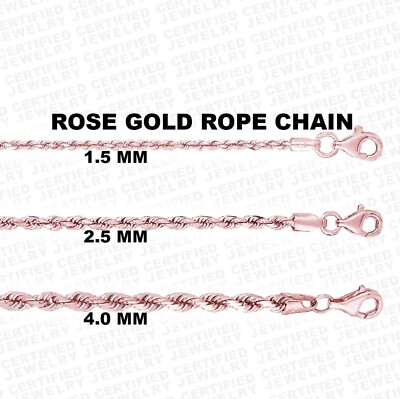 Solid 14K Rose Gold Rope Chain Necklace, 16'' 18'' 20'' 24'' 1.5mm, 2.5mm , 4.0mm