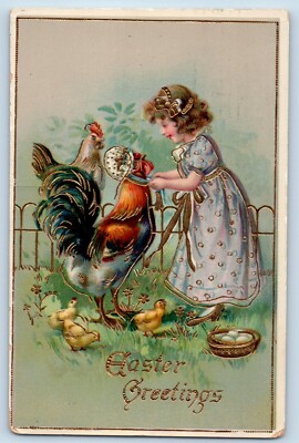 Easter Postcard Greetings Child Girl Putting Rooster Bonnet Gel Gold Gilt Tuck