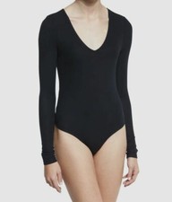  195 ATM Women's Black Solid Long Sleeve V-Neck One-Piece Bodysuit Size Large
