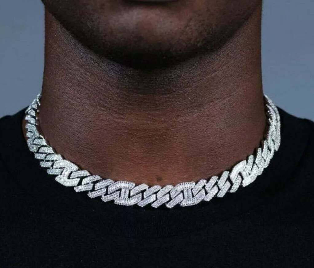 6ct Baguette Cubic Zirconia mens Cuban Link 18 Inch Necklace 925