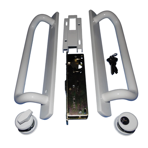 PGT 5400 Sliding Door White Handle Set w/ Mortise Lock and Keys |12.5" Faceplate - Picture 2 of 7