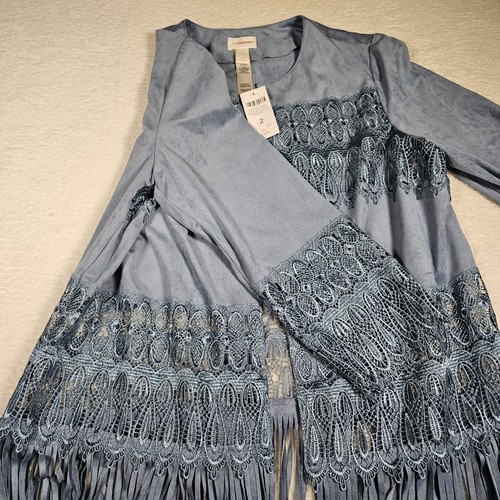 Chico's Sweater Size 2 Blue Faux Suede Western Cowgirl Fringe Lace Open Jacket - Picture 5 of 7