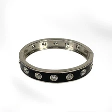 Vintage Enameled Rhinestone Clamper Bracelet Hinged Black Silver Tone Bangle