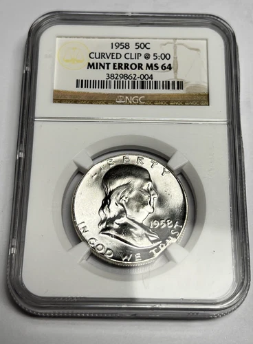 1958 Franklin Half Dollar NGC MS64 MINT ERROR CURVED CLIP @ 5:00 - Bright White!