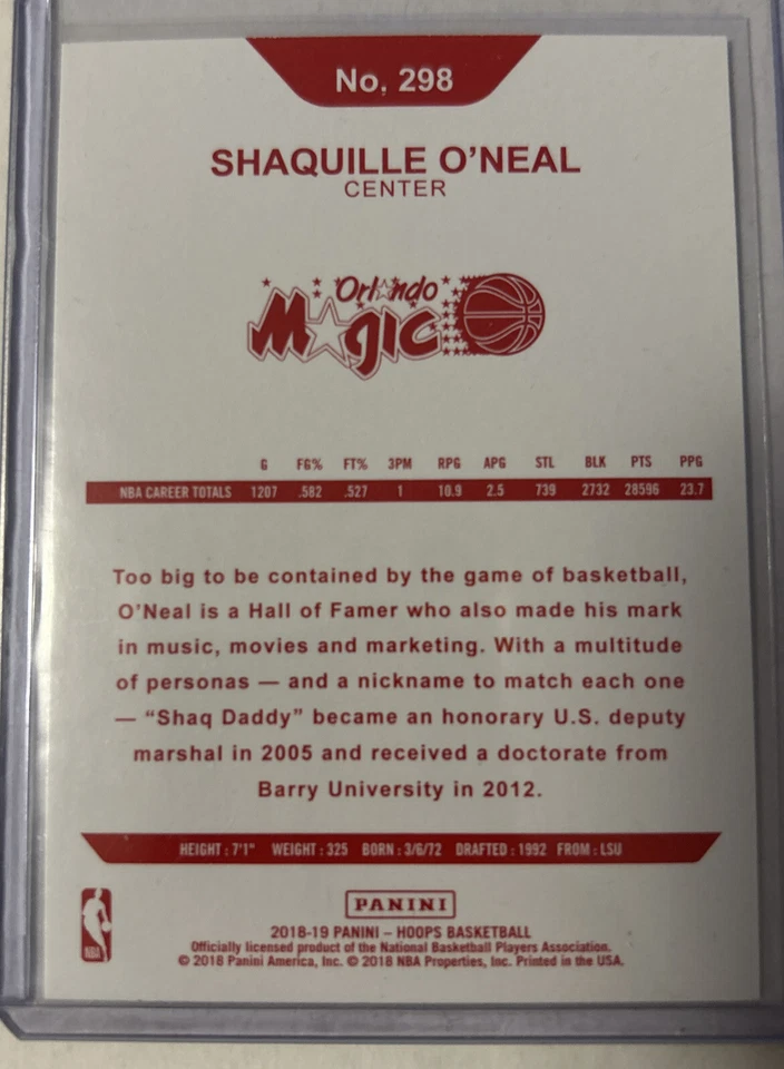 2018-19 NBA Hoops Shaquille O’Neal Red Back Parallel #298 Magic - Image 2 of 2