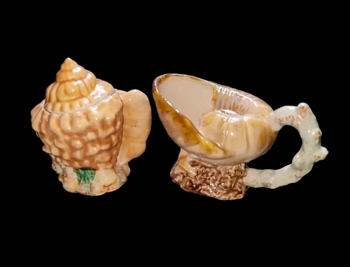 Shell Sugar Dish Creamer Set Sea Coastal Nautical Hand Painted Pacific Rim