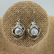 Hagit Gorali HG Liquid Silver 925 Pearl Dangle Earrings Made In Israel 1.5" Long