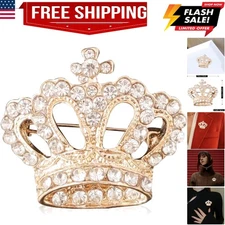 King Queen Royal Crown Brooch For Women Men Fashion Gold Silver Rhinestones C...