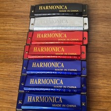 Vintage Lot Of Seven Key A,D,F,G Harmonicas Beginner Red, Silver, Blue 24 Hole