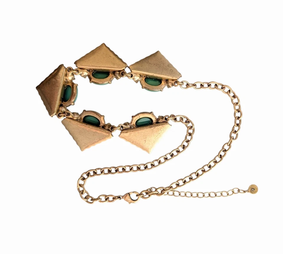 RORY STELLA & DOT GOLD TONE NECKLACE WITH GREEN CABACHONS AND BLUE STONES - Image 4 of 4