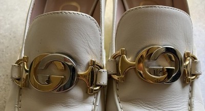 GUCCI Leather ZUMI Loafer Block Heel Pumps US 8.5 Cream Gold Silver Women Shoes