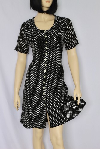 90s Vintage Polka Dot Button Down Dress Summer Short Sleeve Midi Dress Sz S/M