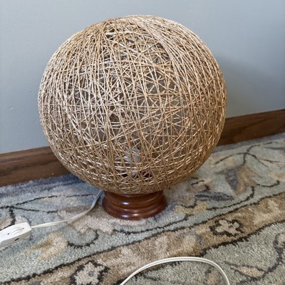 Vintage MCM Ambient Light String Twine Table Lamp Woven Globe Wood Base