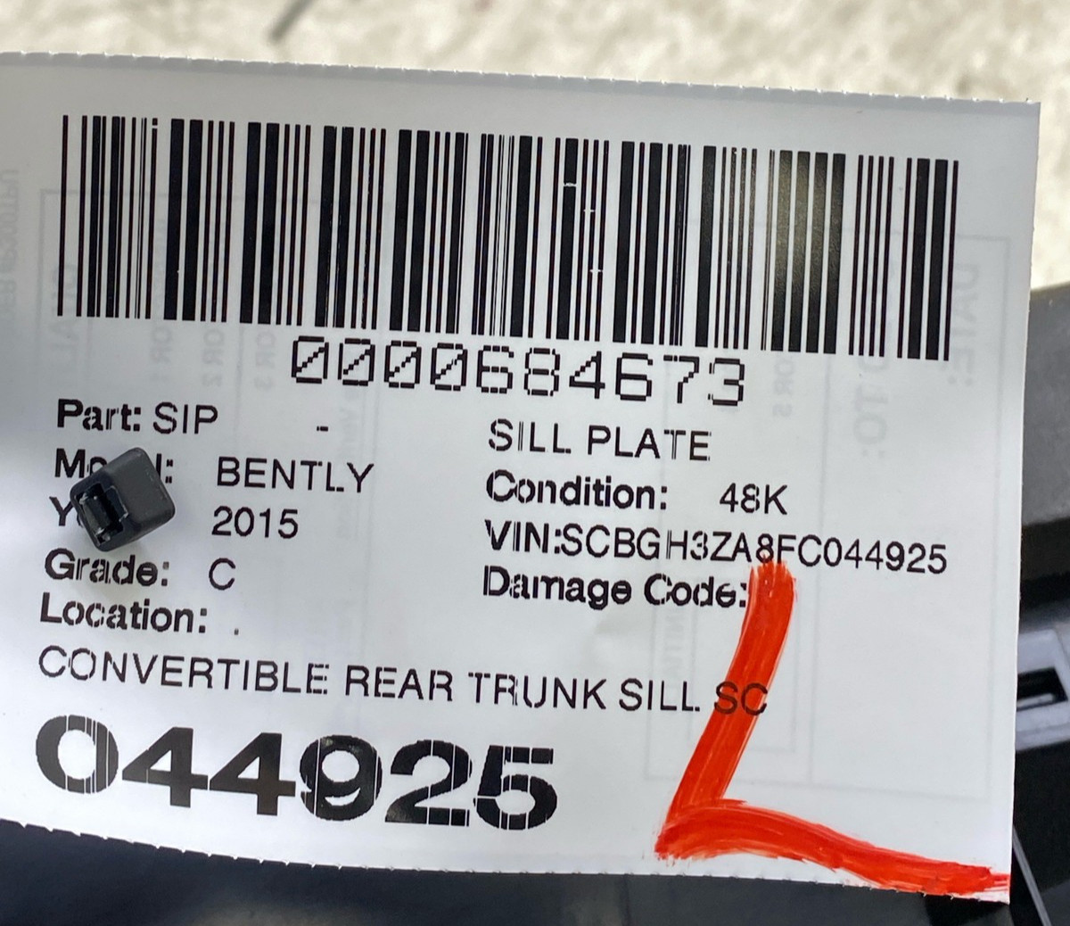2015 BENTLEY CONTINENTAL CONVERTIBLE REAR TRUNK SILL SCUFF PLATE LOCK LATCH TRIM