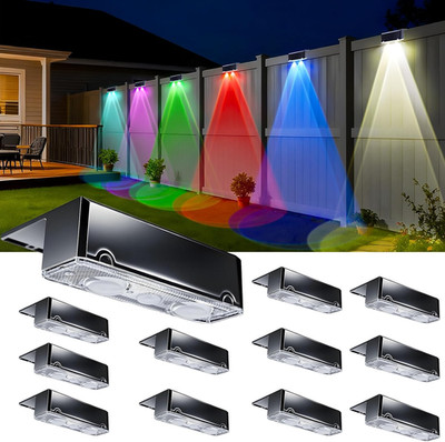 Solar Fence Lights Outdoor, 10 Lighting Modes RGB Color Changing, IP65 Waterproo