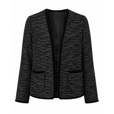 Banana Republic Tweed Blazer 10 Black White Fringe Open Front Office Chic Luxury