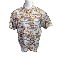 Vintage 90s Woolrich Mens 2XL Palm Tree Outrigger Island Button Front Camp Shirt