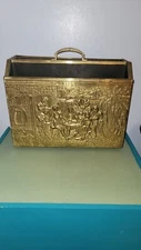 Vtg ENGLISH Brass Wood Double Magazine Newspaper  RACK Repousse Tavern Scene