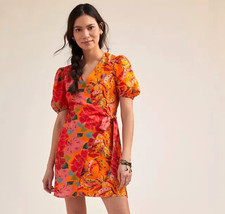 Anthropologie Farm Rio Marbella Wrap Dress Linen Puff Sleeve Tropical Sz XS NEW