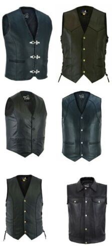 Men's Genuine Real Leather Motorcycle Club Waistcoats Vests All Styles & Sizes - Picture 1 of 13